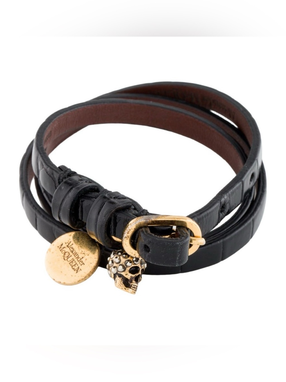 Alexander McQueen Crystal Skull and Black Leather Wrap Bracelet w/ dust bag/ box